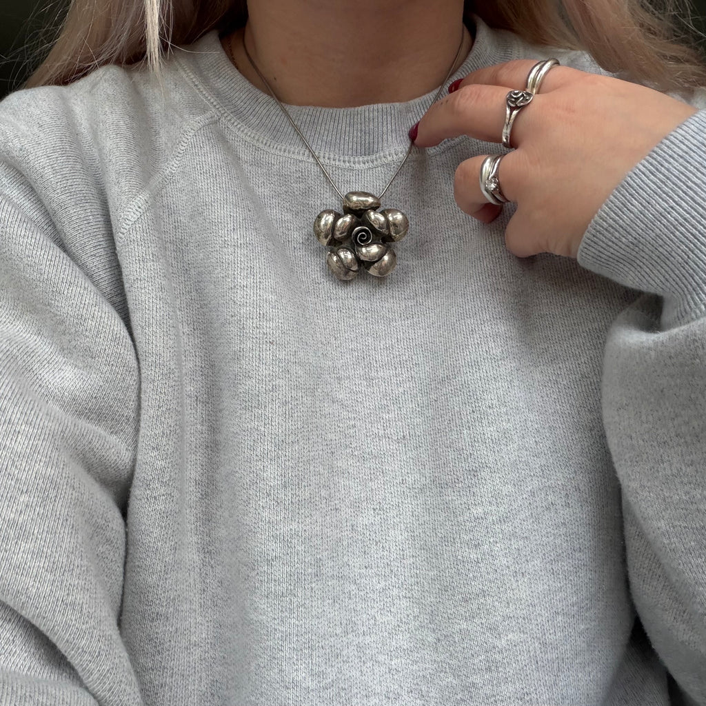vintage sterling silver sculptural flower pendant & matching ring set