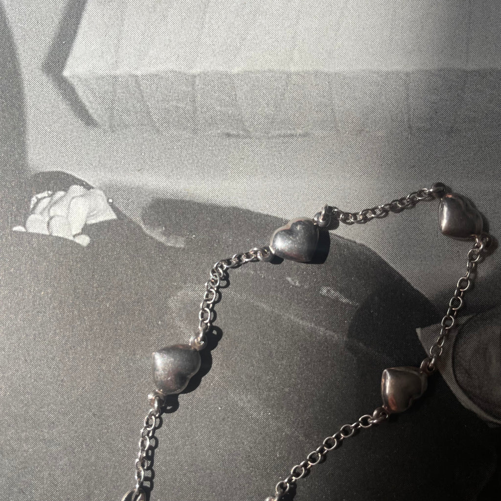 Vintage Silver 925 Puffy Heart Chain Bracelet