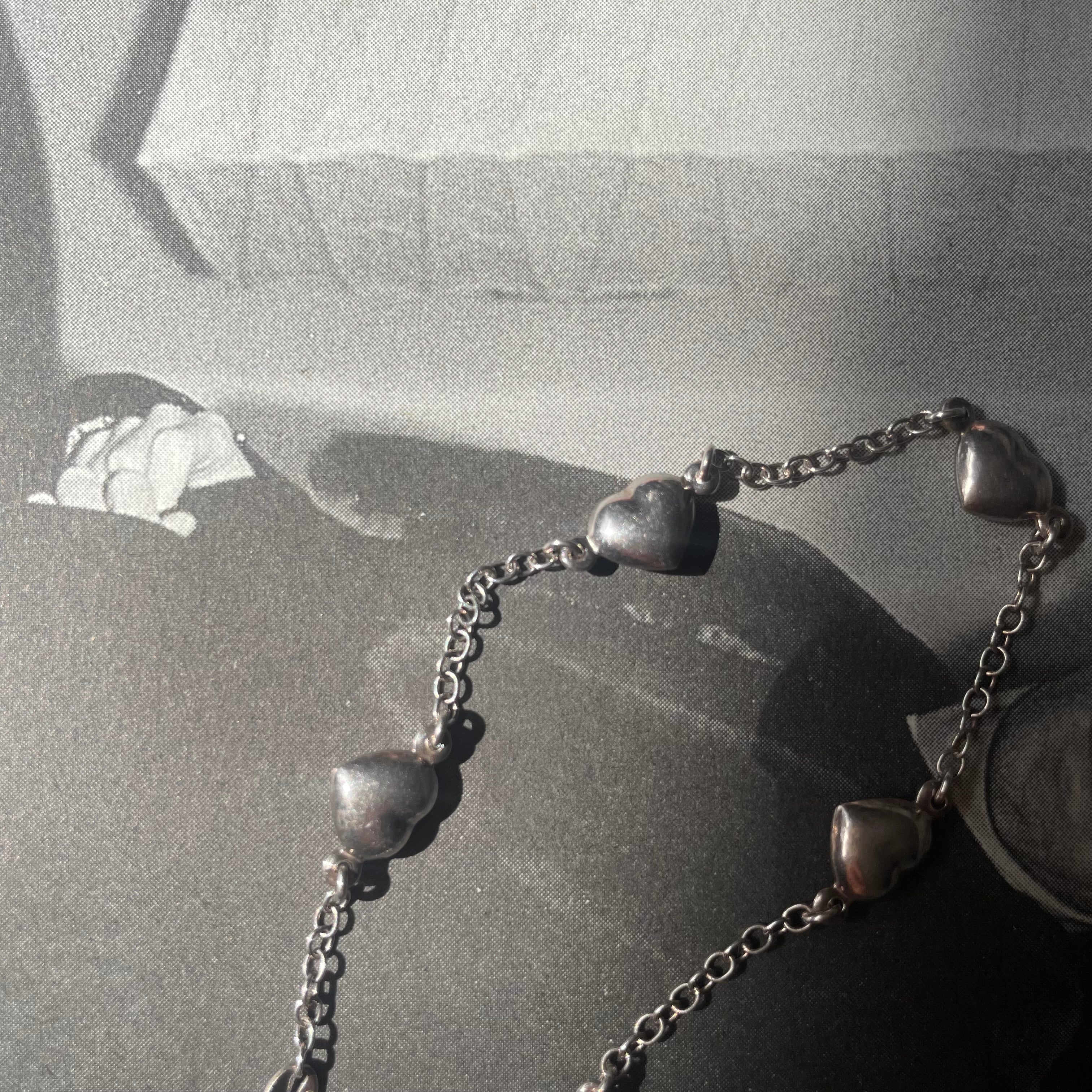 Vintage Silver 925 Puffy Heart Chain Bracelet