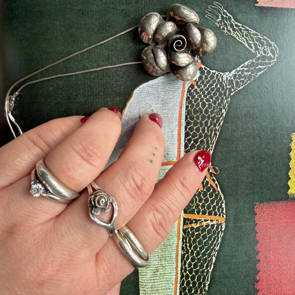 vintage sterling silver sculptural flower pendant & matching ring set