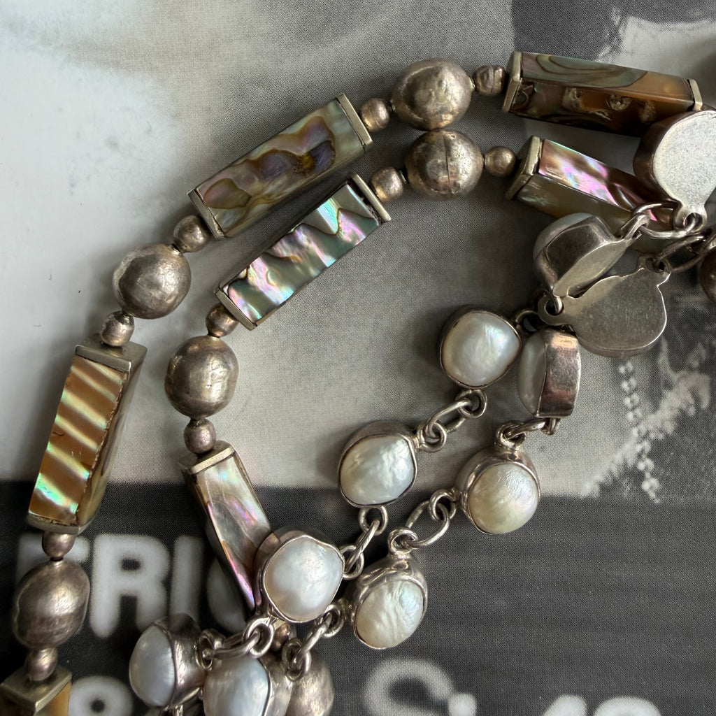 vintage los castillo taxco sterling silver & mother-of-pearl bead necklace