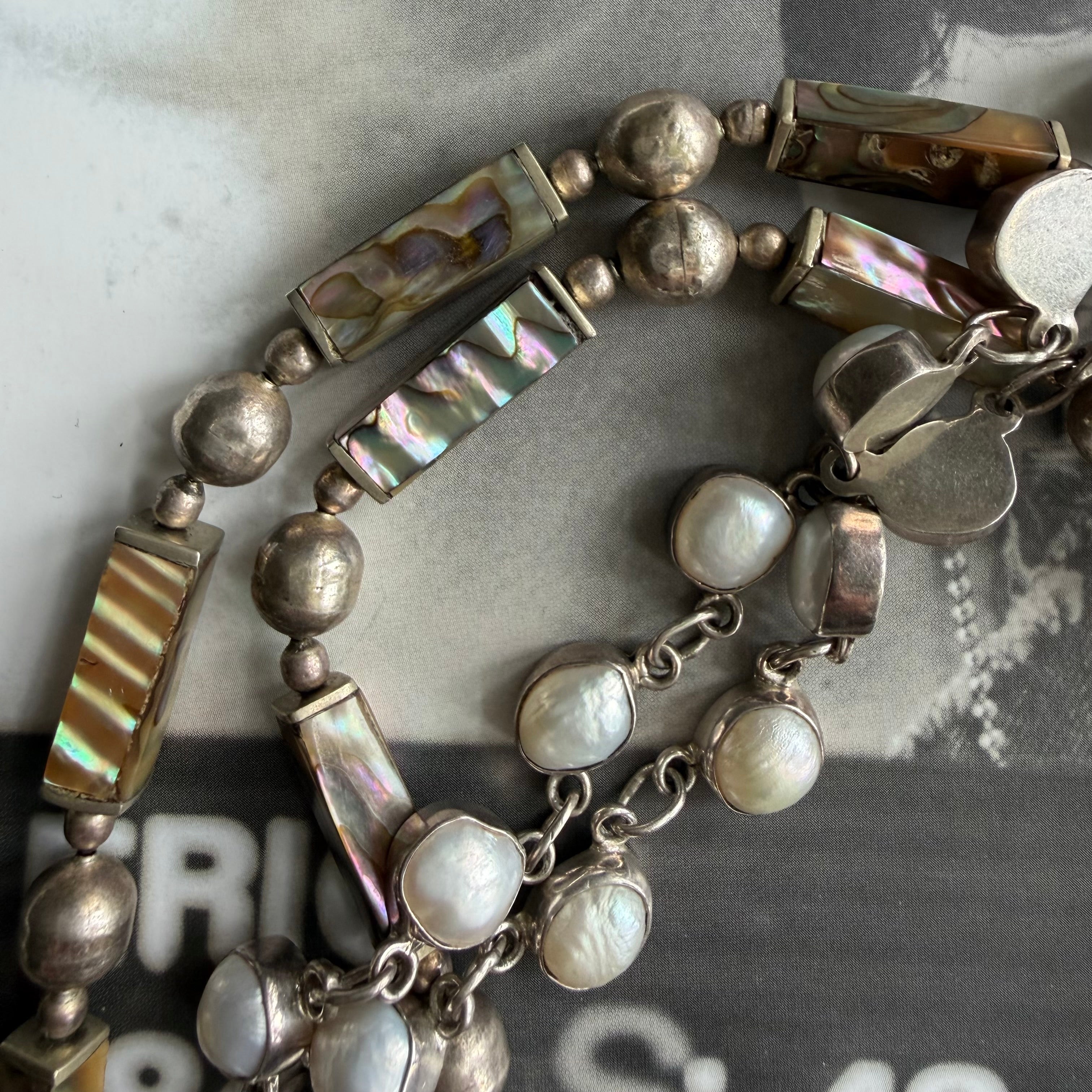 vintage los castillo taxco sterling silver & mother-of-pearl bead necklace