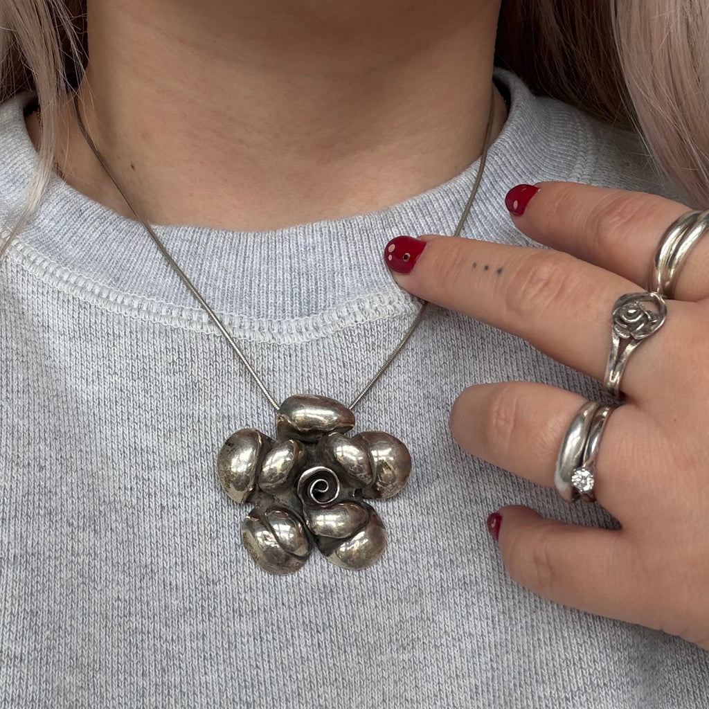 vintage sterling silver sculptural flower pendant & matching ring set