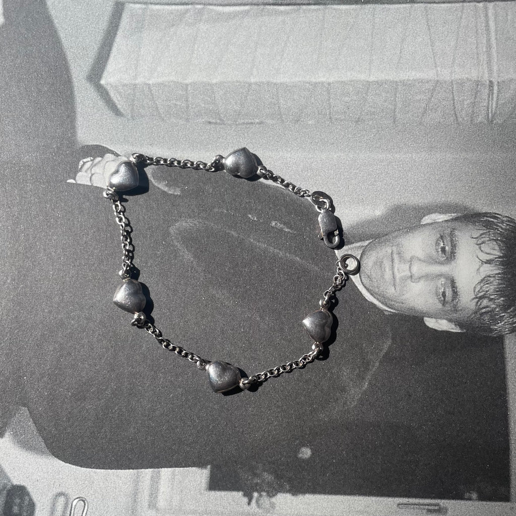 Vintage Silver 925 Puffy Heart Chain Bracelet