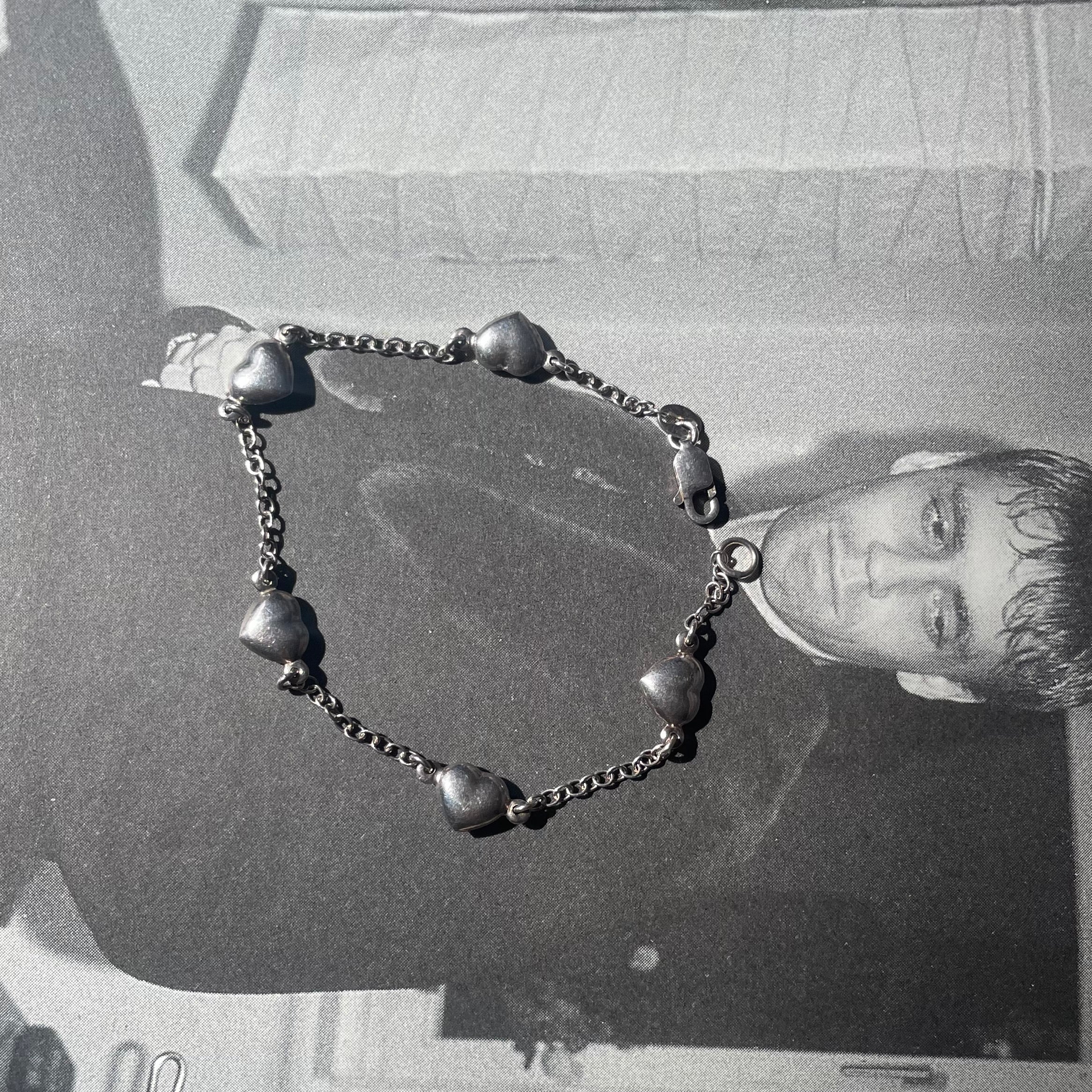Vintage Silver 925 Puffy Heart Chain Bracelet