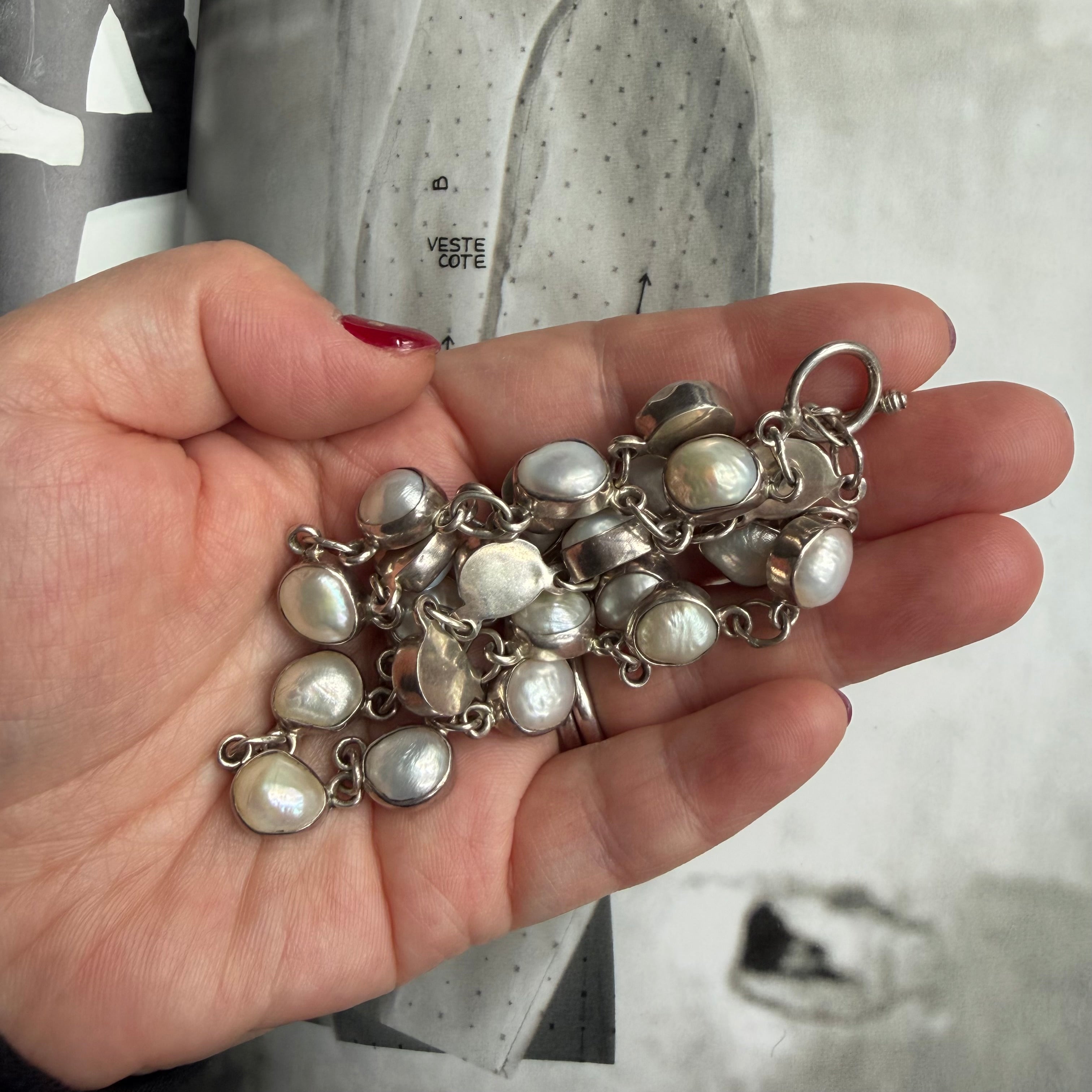 vintage mexico 925 sterling silver freshwater pearl station necklace (toggle clasp)