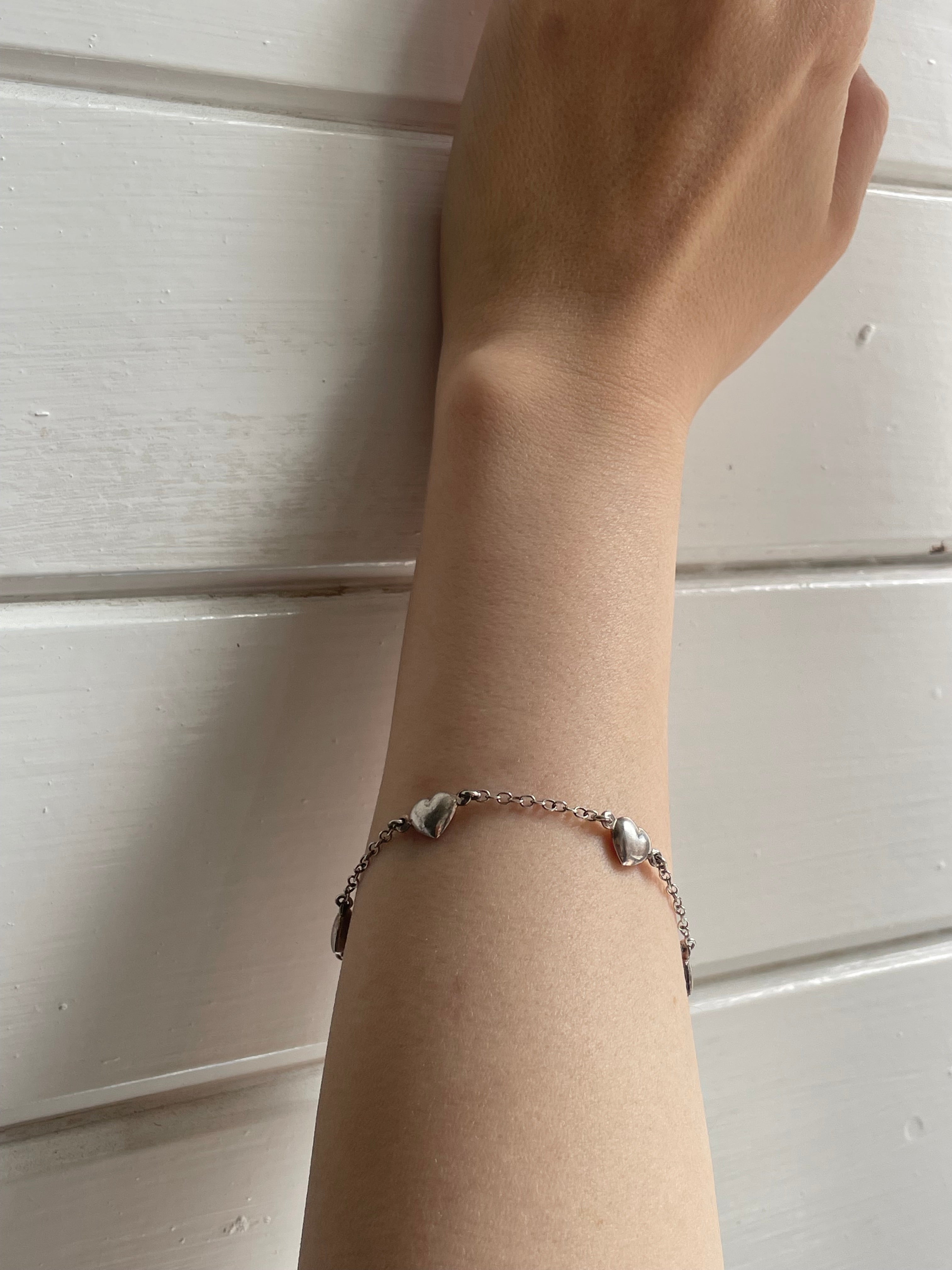 Vintage Silver 925 Puffy Heart Chain Bracelet