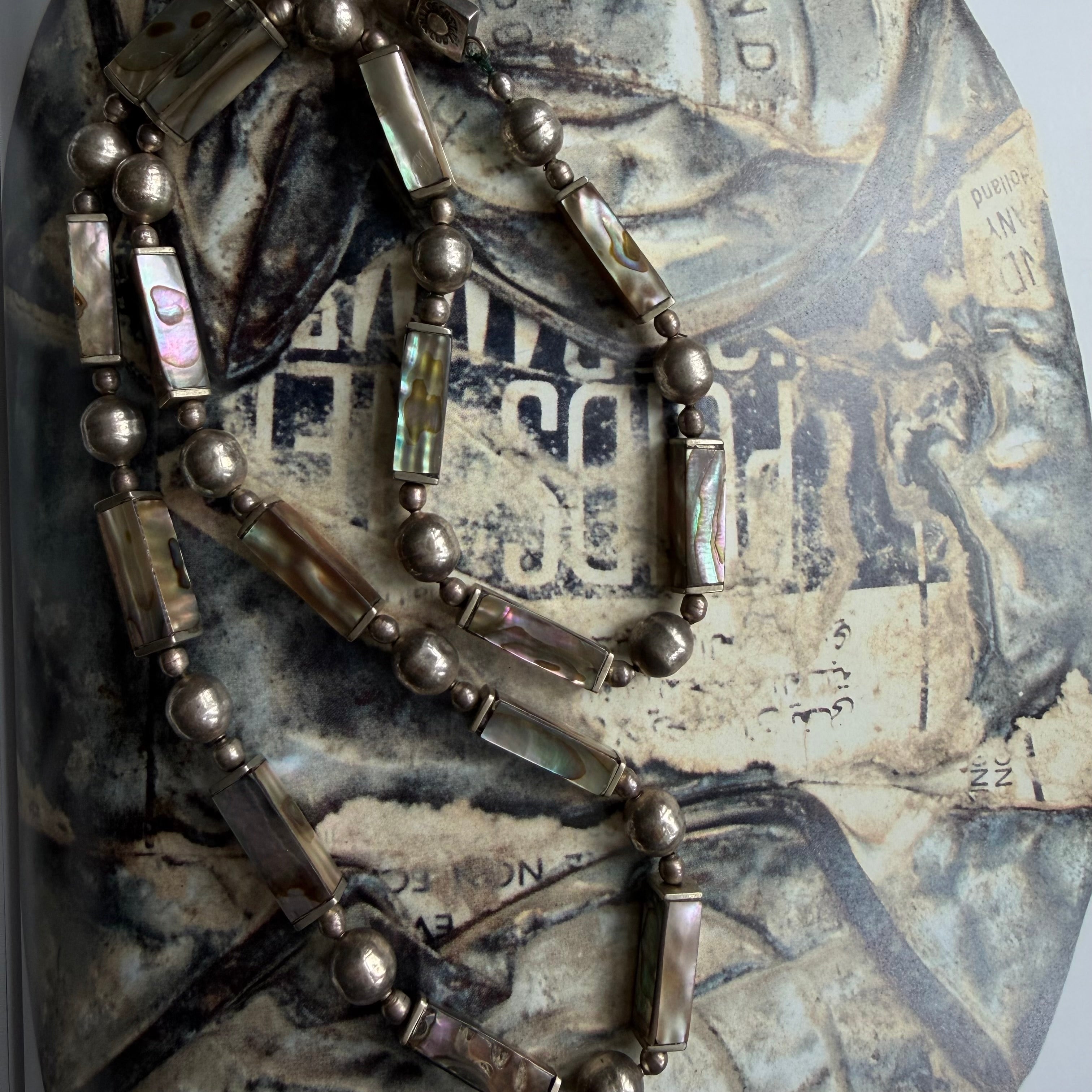 vintage los castillo taxco sterling silver & mother-of-pearl bead necklace
