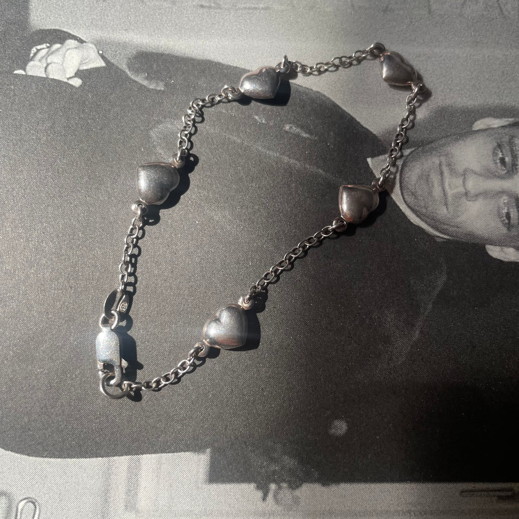 Vintage Silver 925 Puffy Heart Chain Bracelet