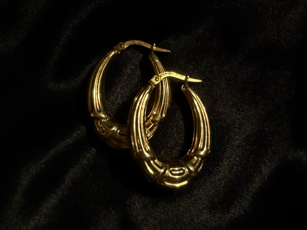 Vintage 9ct Gold Sculpted Bamboo Hoop Earrings