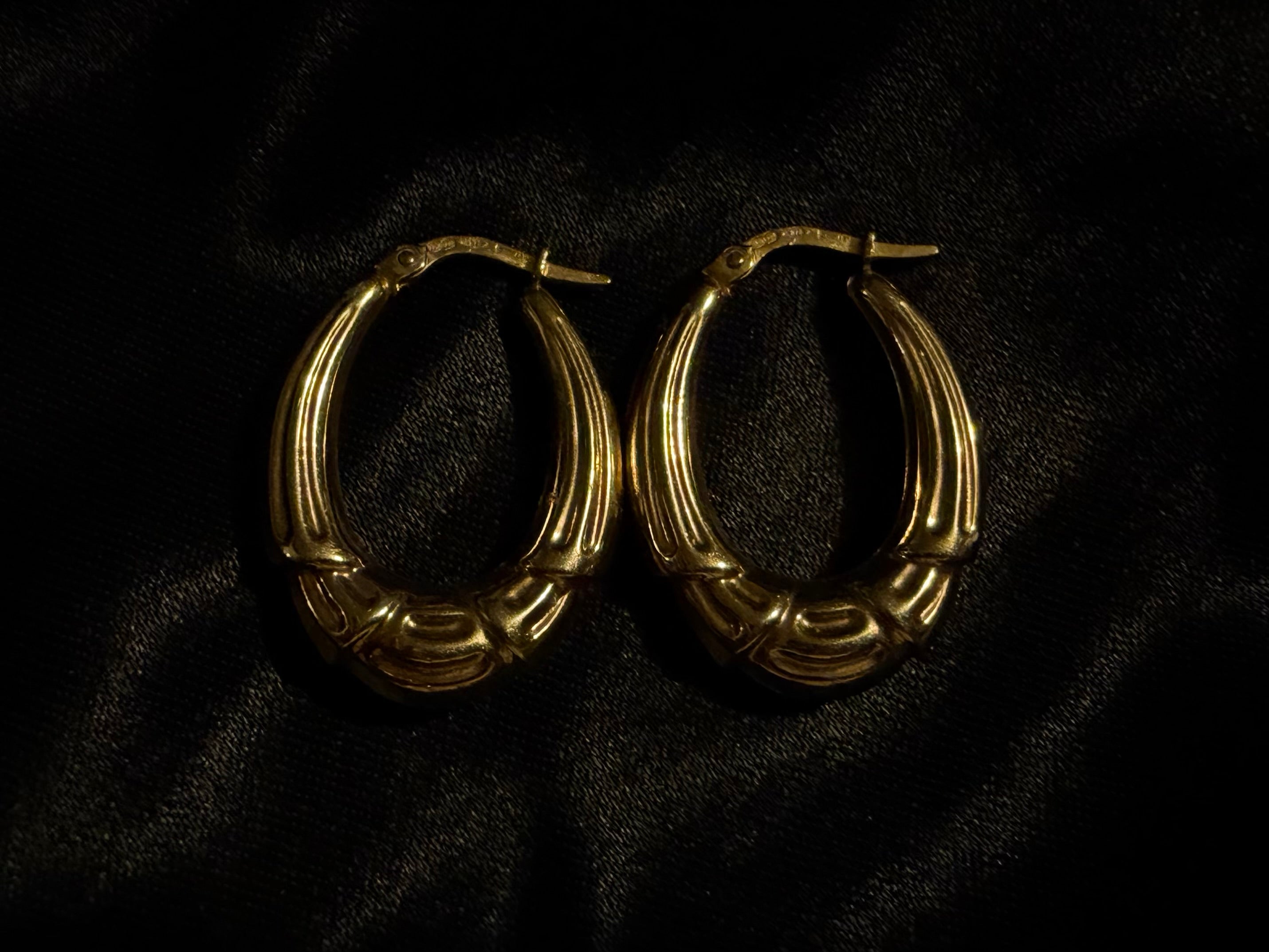 Vintage 9ct Gold Sculpted Bamboo Hoop Earrings