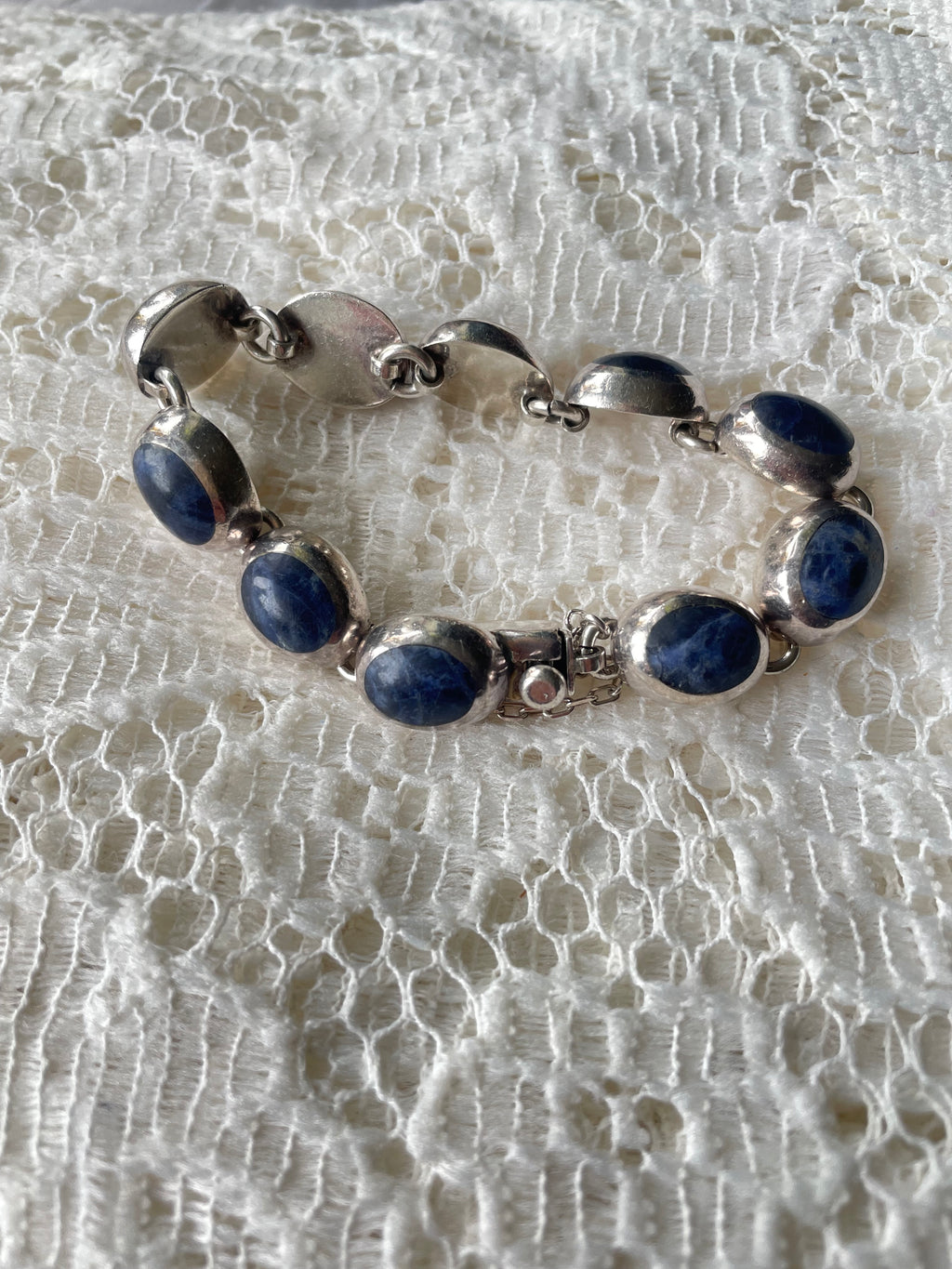 Vintage Mexico 925 Sterling Silver Sodalite Oval Link Bracelet
