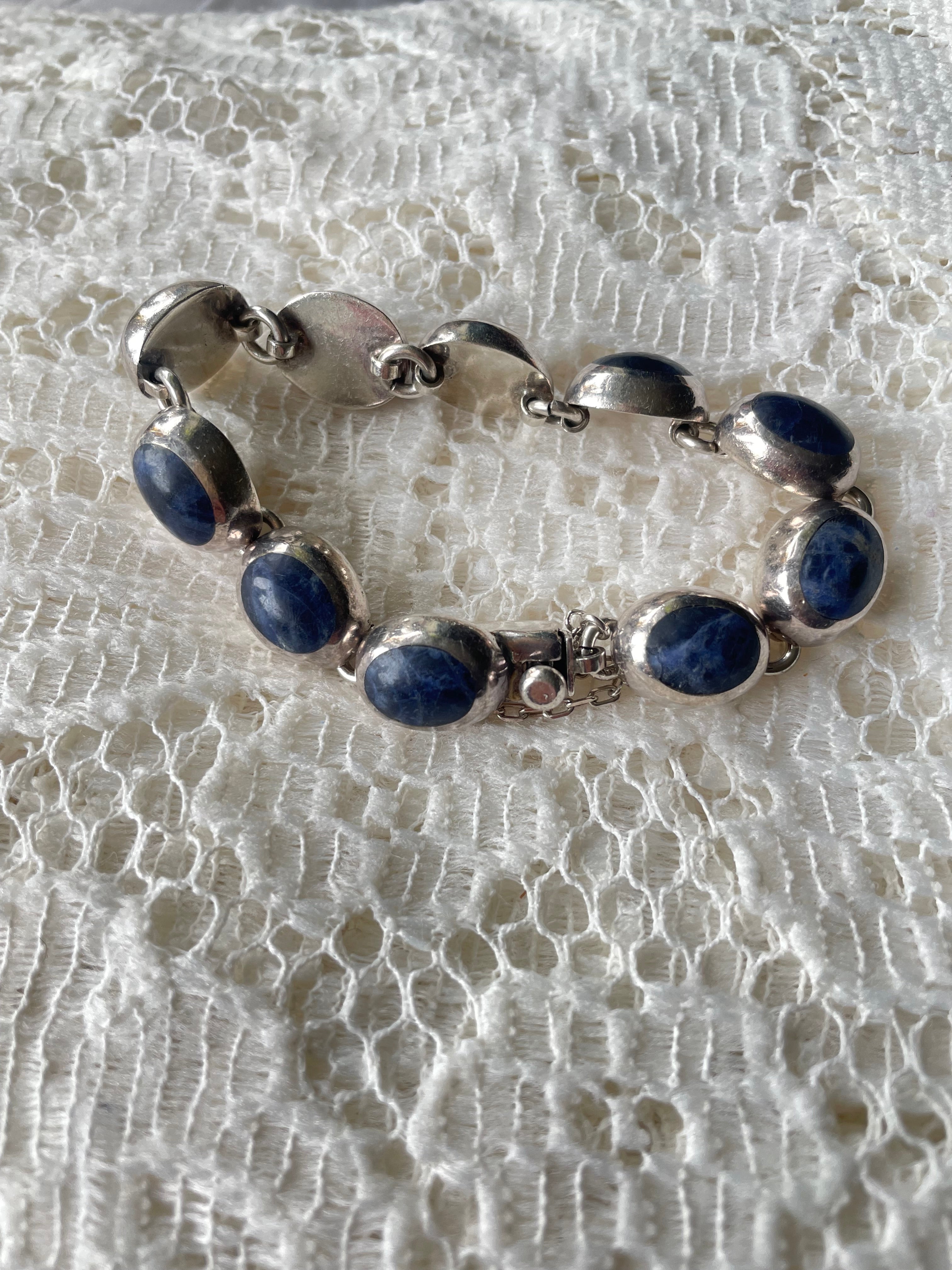 Vintage Mexico 925 Sterling Silver Sodalite Oval Link Bracelet