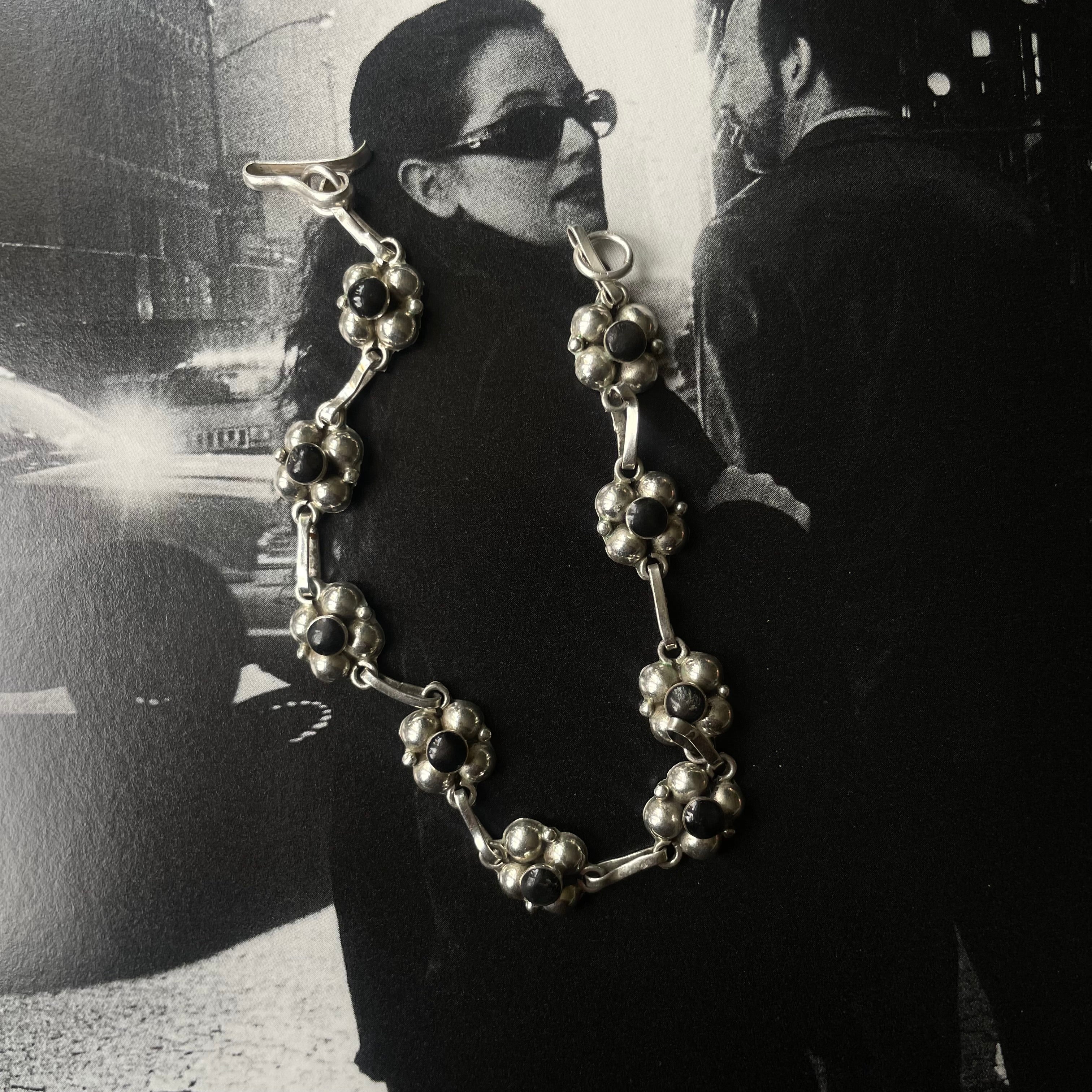 Vintage Sterling Silver 925 Onyx Floral Link Bracelet