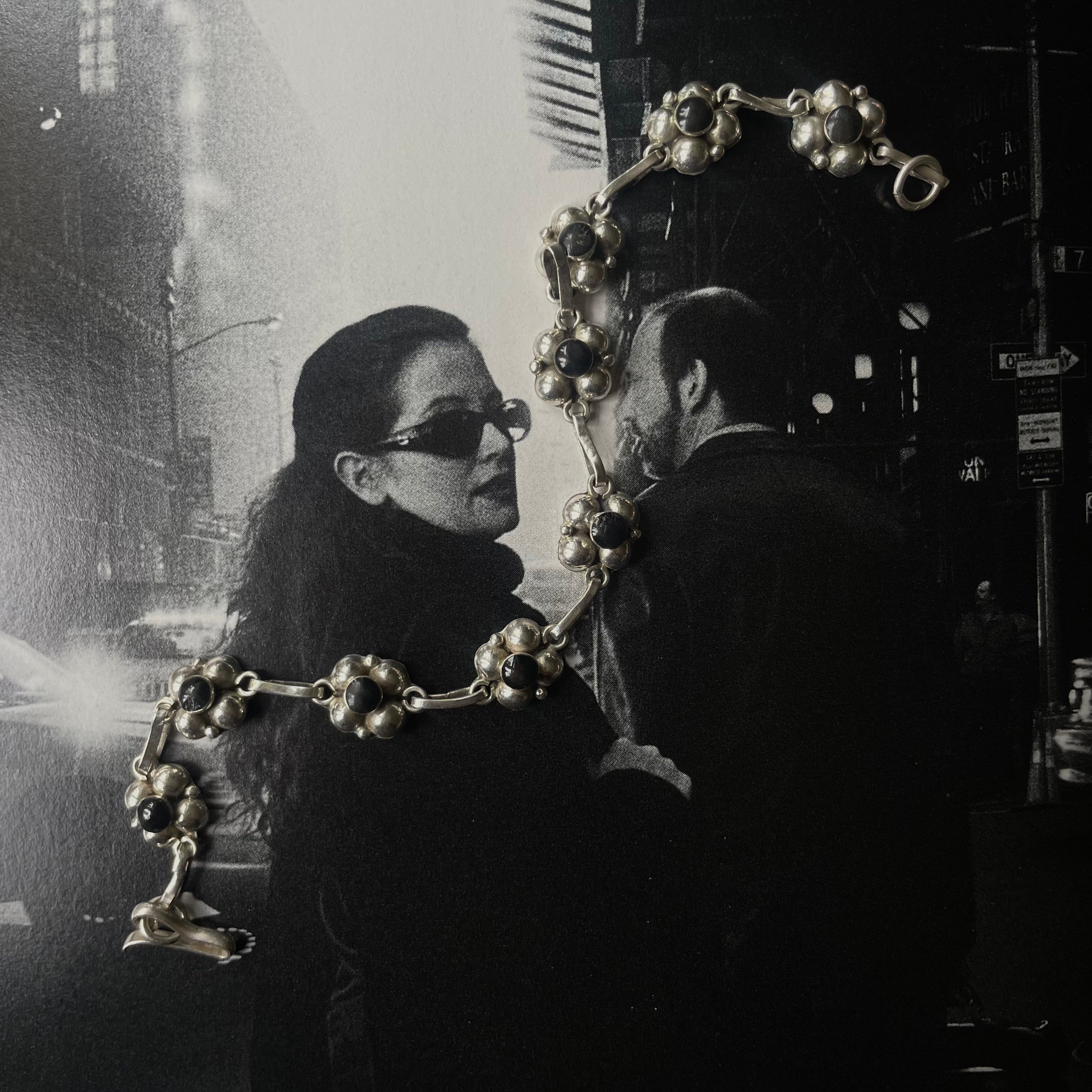 Vintage Sterling Silver 925 Onyx Floral Link Bracelet