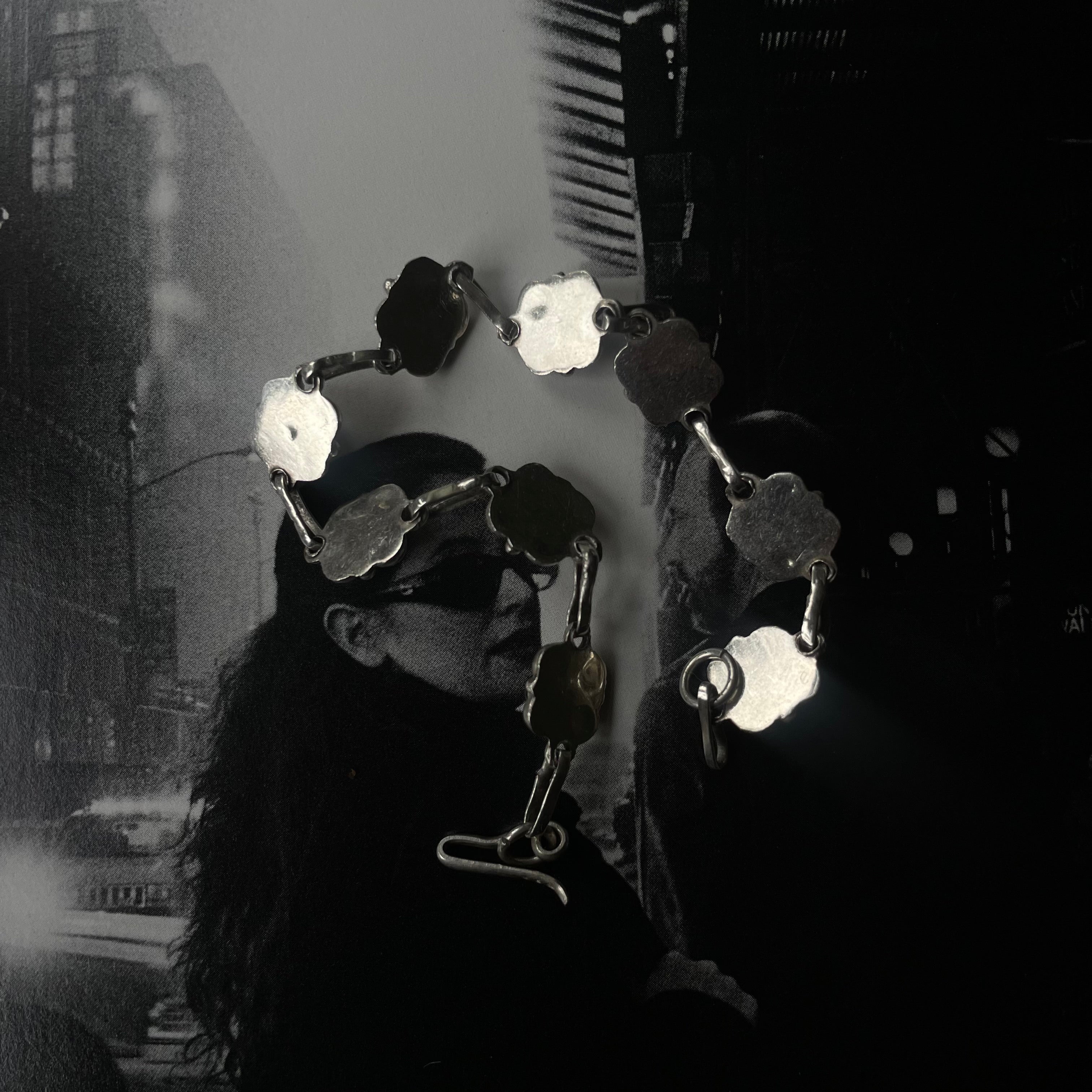 Vintage Sterling Silver 925 Onyx Floral Link Bracelet