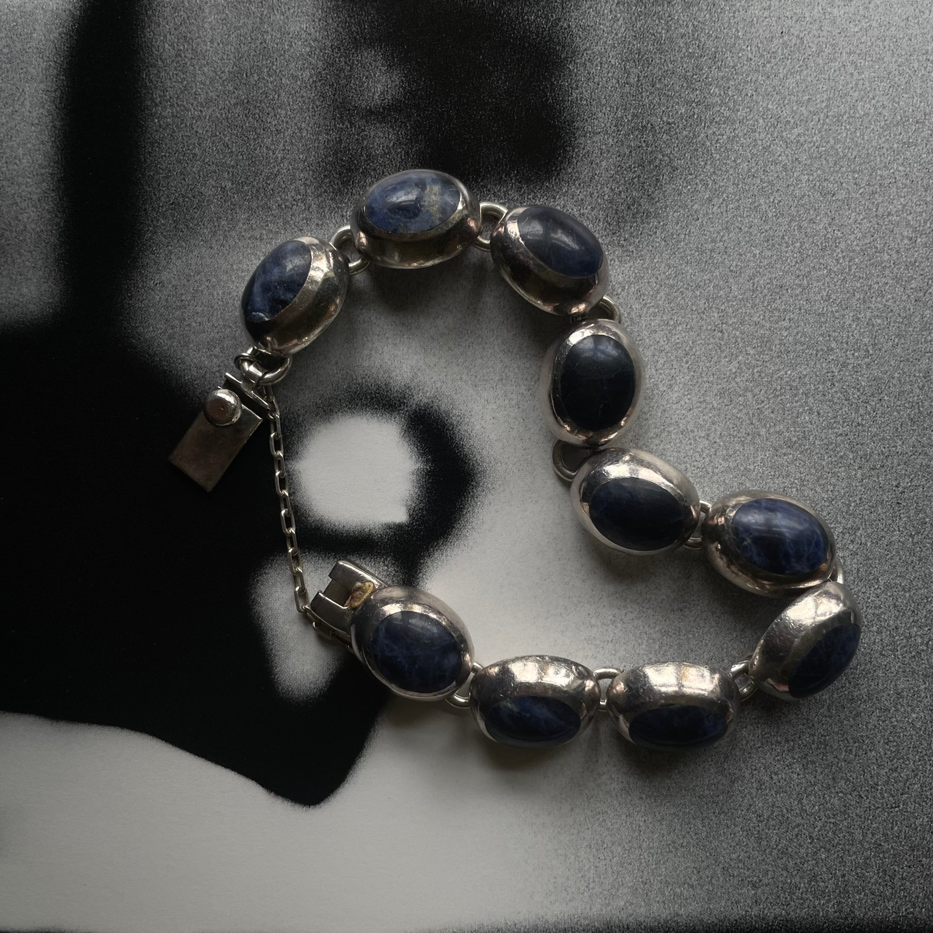 Vintage Mexico 925 Sterling Silver Sodalite Oval Link Bracelet