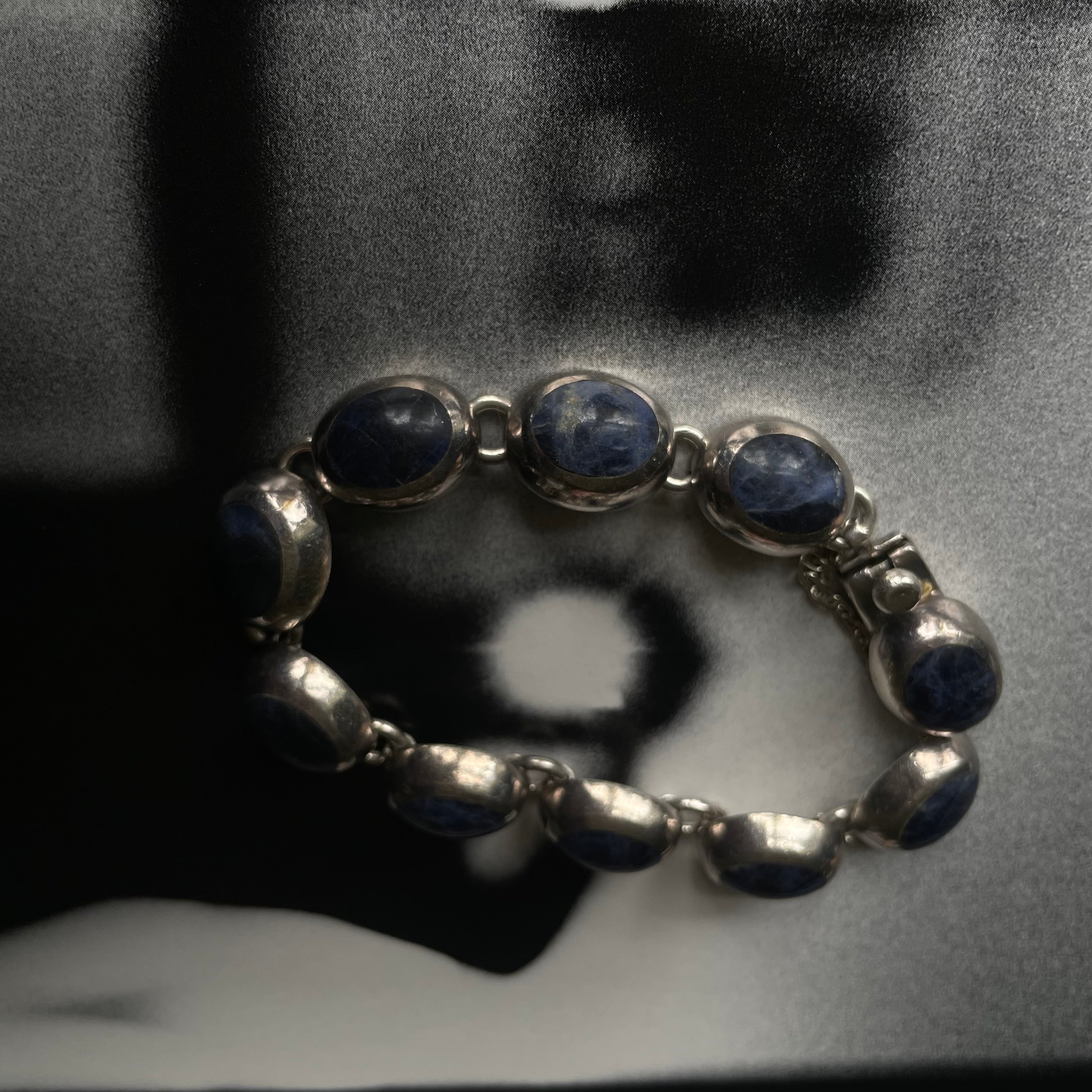 Vintage Mexico 925 Sterling Silver Sodalite Oval Link Bracelet